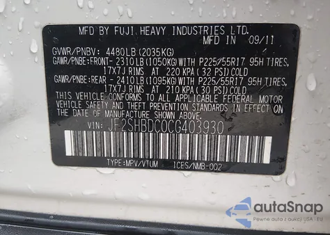 2012 Subaru Forester 2.5X Premium z USA, uszkodzony, nr VIN JF2SHBDC0CG403930